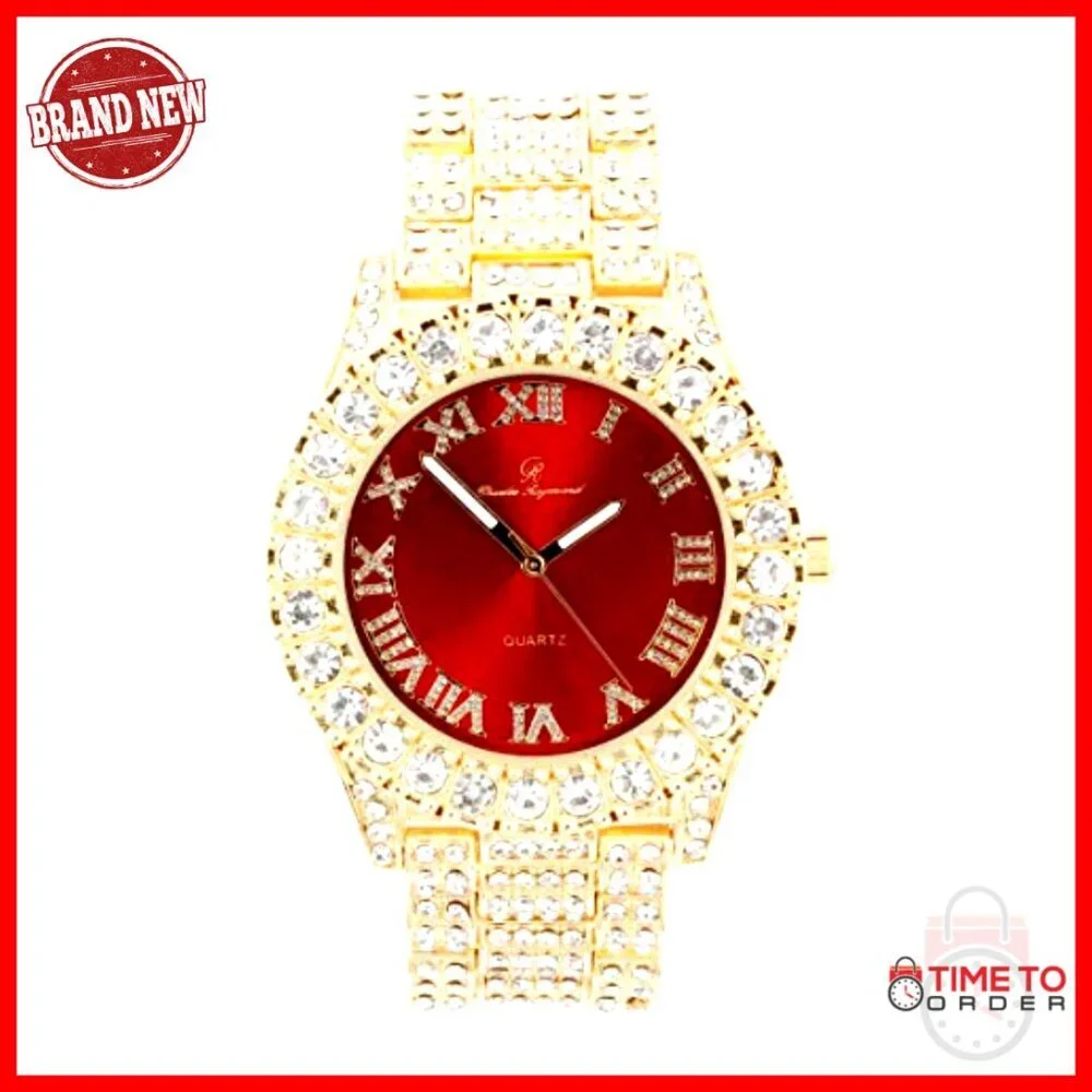 Men's Gold Tone Watch Set with Simulated Diamonds and Cuban Chain Bracelet